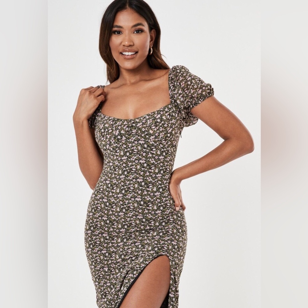 Miss Guided Black Floral Print Milkmaid Split Midmaxi Dress - 8 ( NEW )